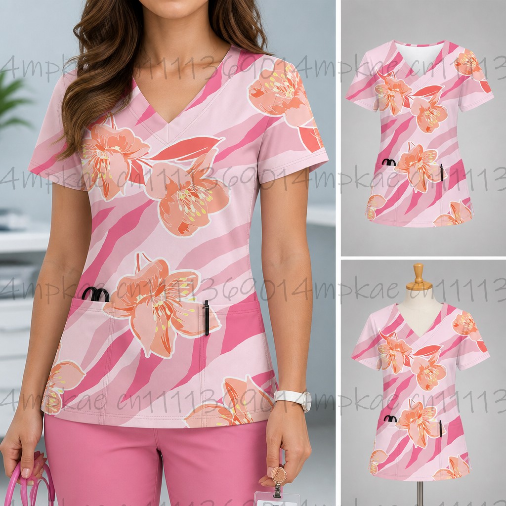 Women'S Work Accessories - Werkkleding voor dames Bloemenprint Verpleegster V-hals